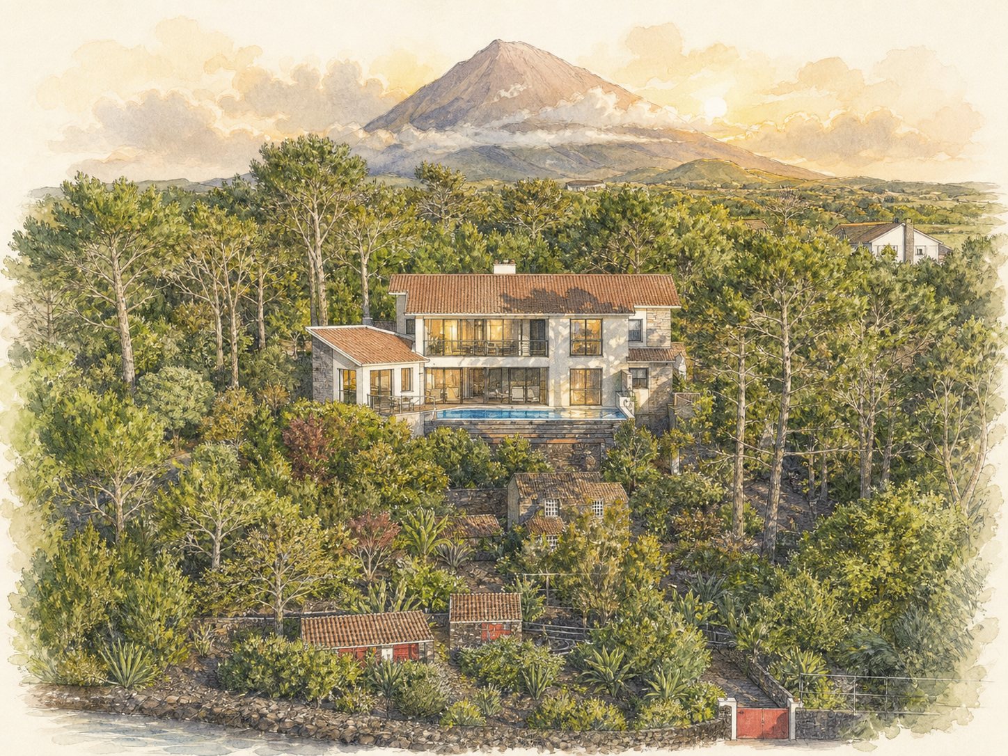 Potlood- en aquarelillustratie van een privévilla op Pico met zwembad onder de Pico in warm zonsonderganglicht