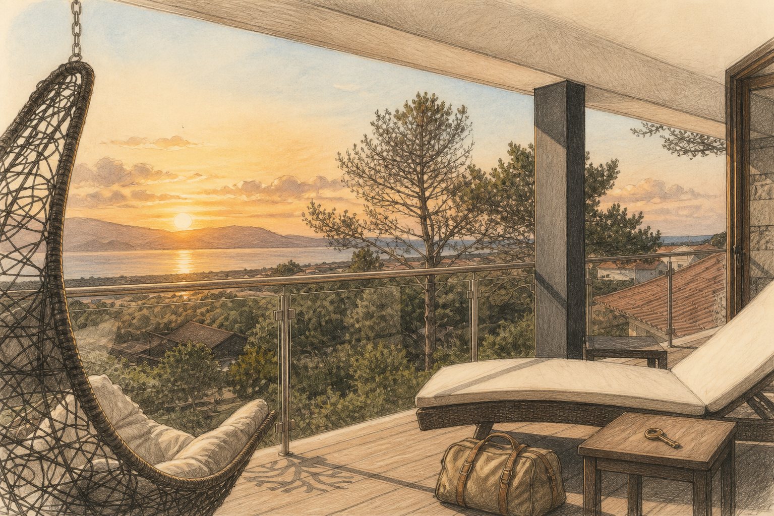 Potlood- en aquarelillustratie van een accommodatieterras op Pico bij zonsondergang, met bagage en een sleutel klaar voor aankomst