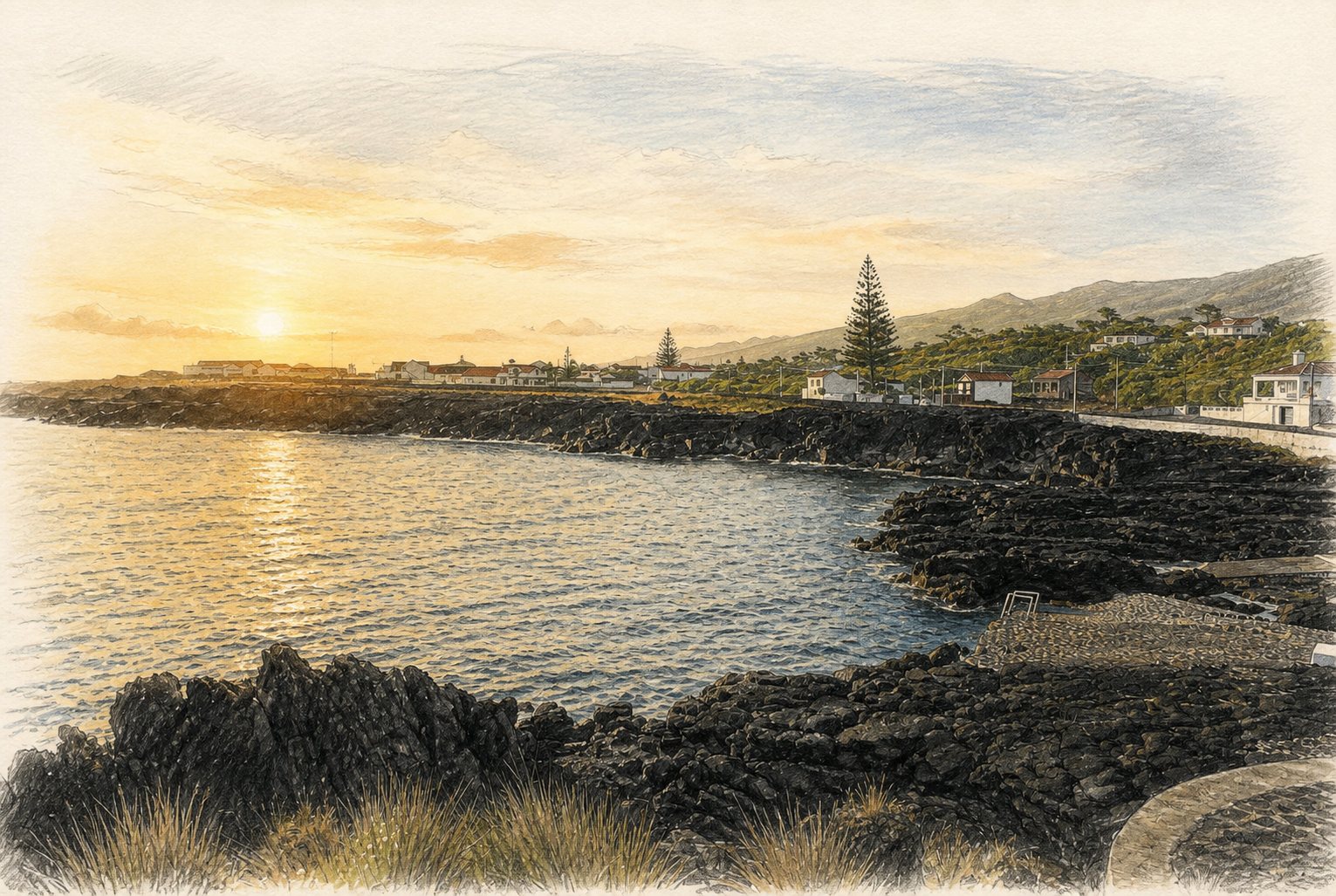 Costa volcánica y población de la isla de Pico, Azores