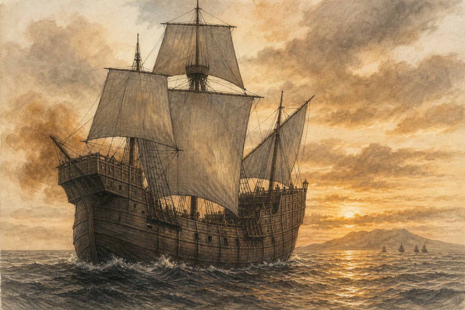 Portuguese carrack Cinco Chagas under attack in waters south of the Faial–Pico channel in 1594, shown as a restrained historical reconstruction