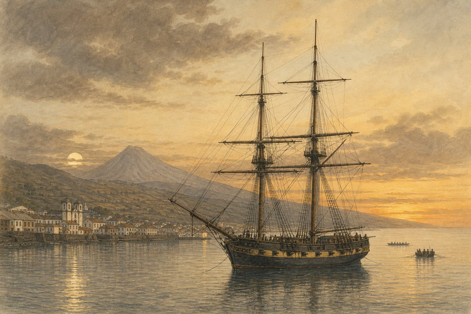 American privateer brig General Armstrong facing British naval boats in Horta harbour in 1814, with Pico visible across the channel