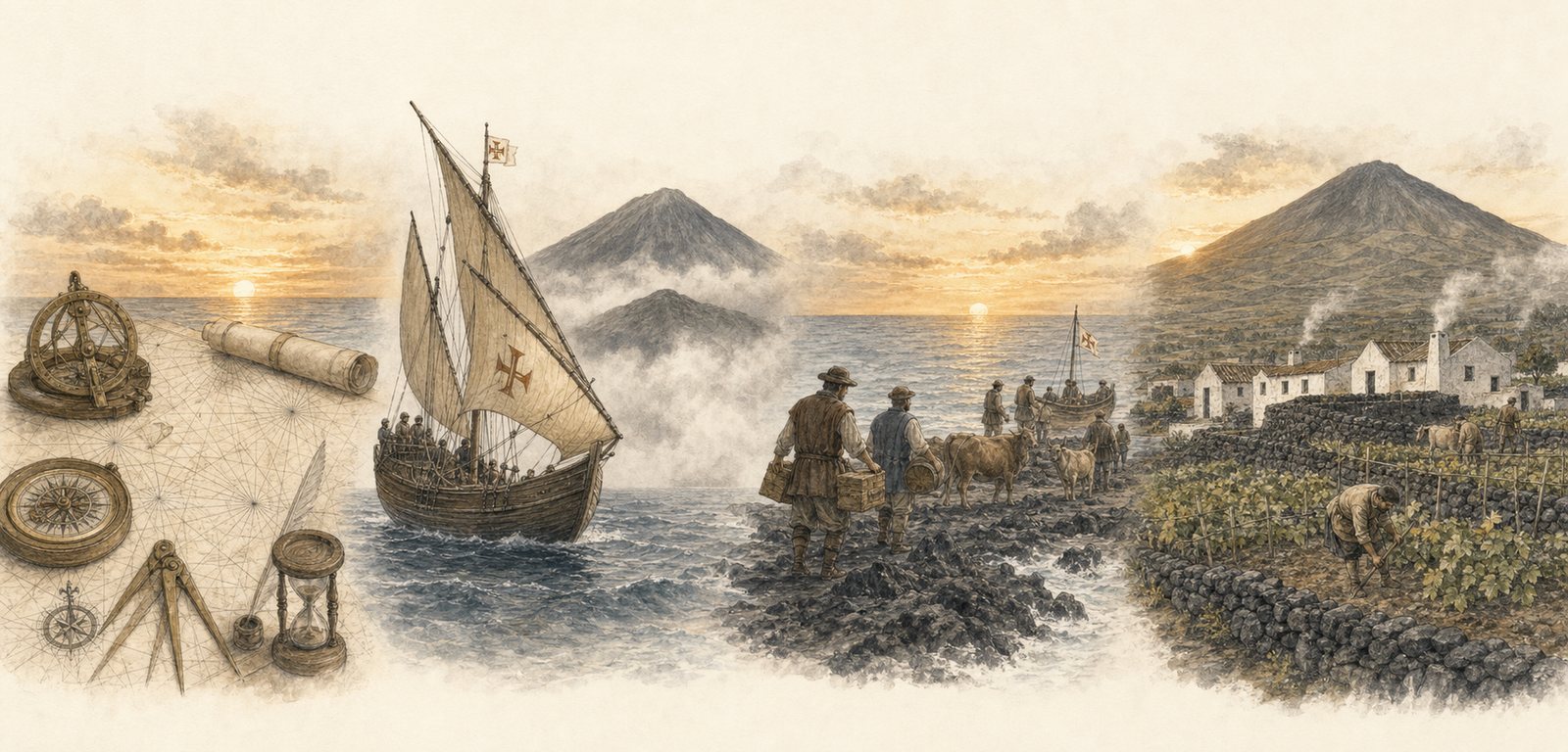 Warm pencil-and-watercolour panorama of a fifteenth-century sailing ship approaching Pico, with charting instruments and an early coastal settlement