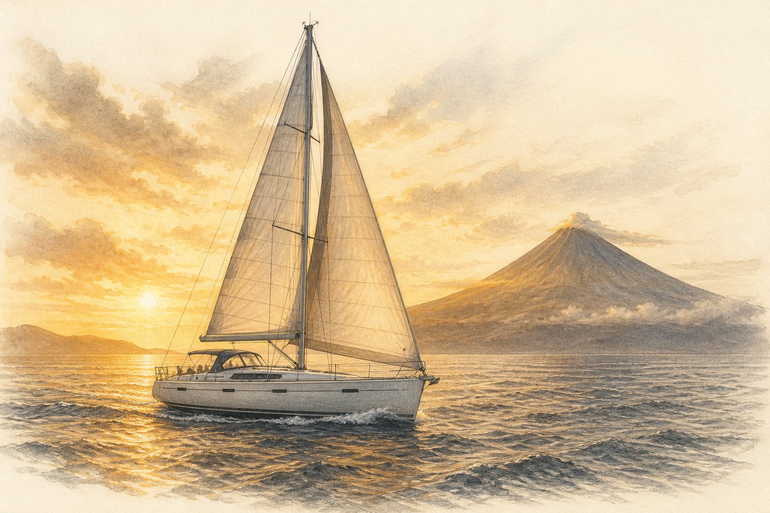Single sailing boat crossing the Faial–Pico channel in warm evening light, with Mount Pico rising beyond the water