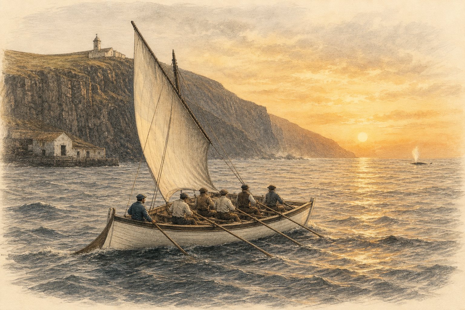 Traditional Pico whaleboat under sail and oar at sunset, with a distant sperm-whale blow and no hunt shown