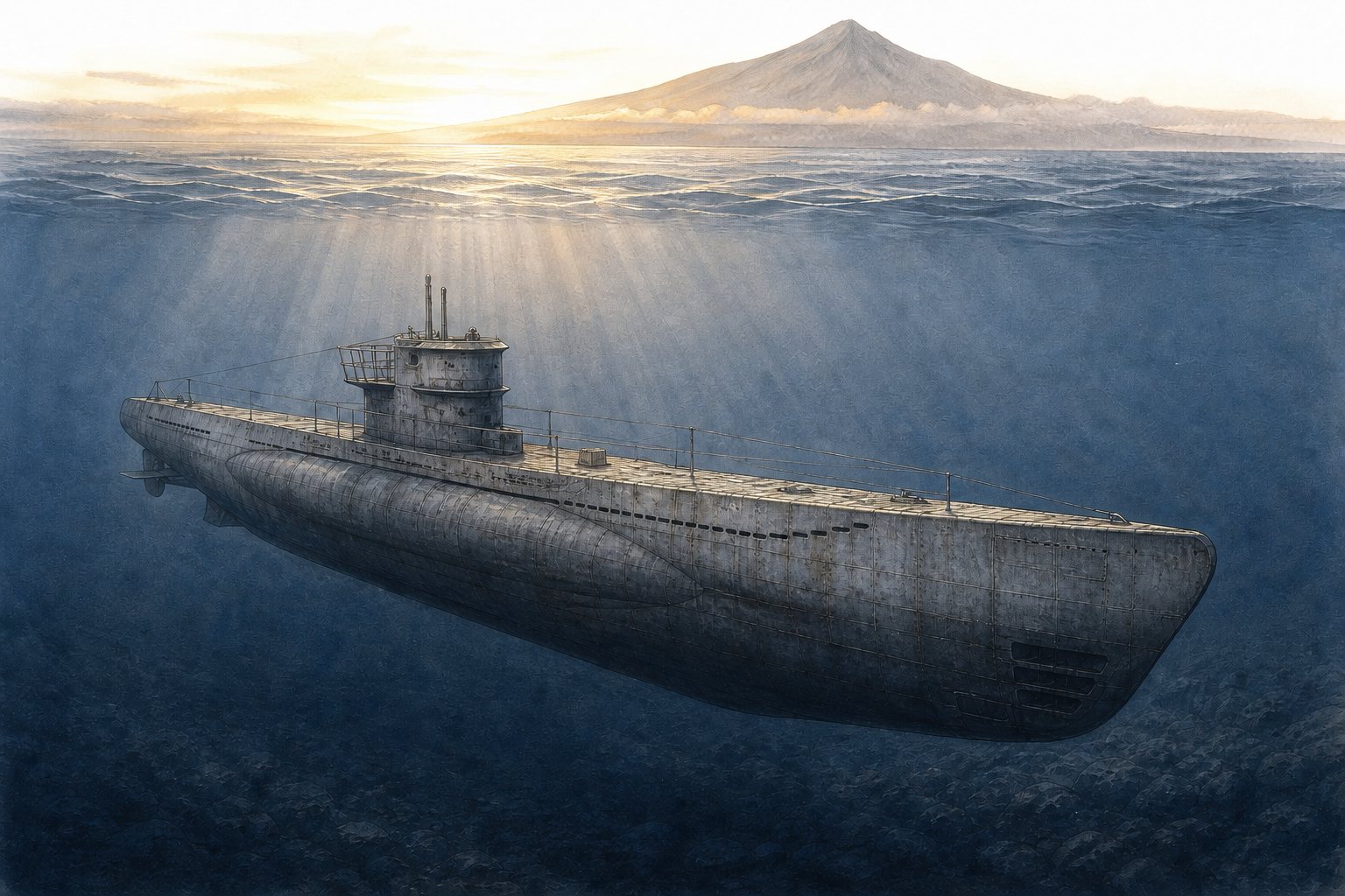 Interpretive underwater pencil-and-watercolour reconstruction of the German submarine U-581 beneath the Faial–Pico channel, with Pico above the sea at dawn