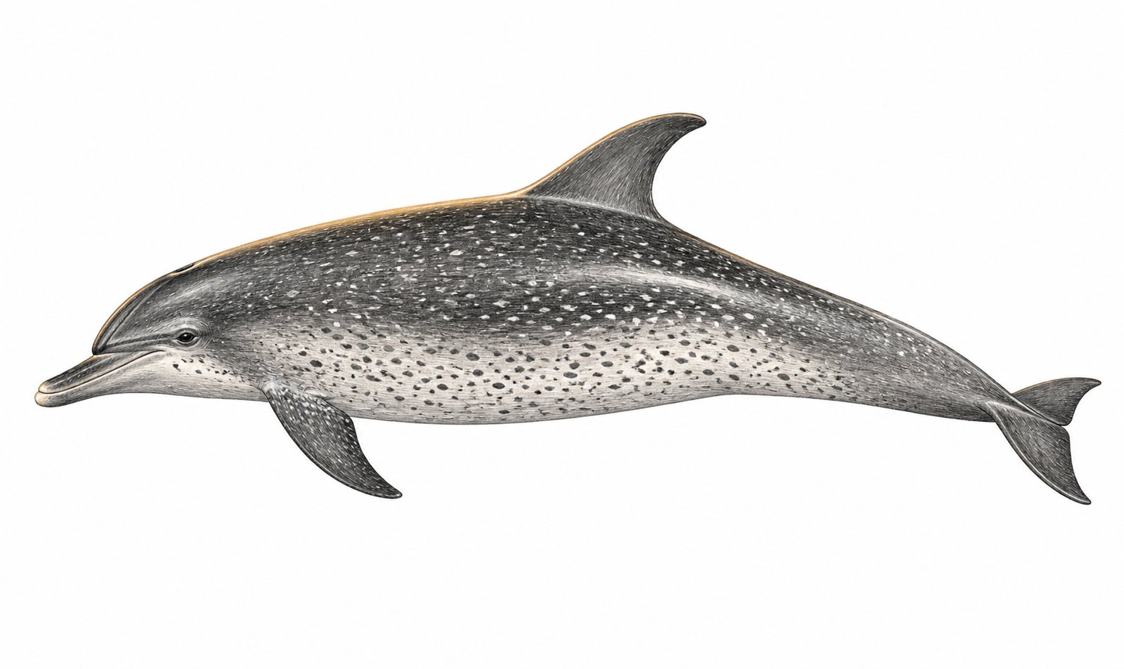 Pencil and light-watercolour study of a single Atlantic spotted dolphin (Stenella frontalis) on a white background