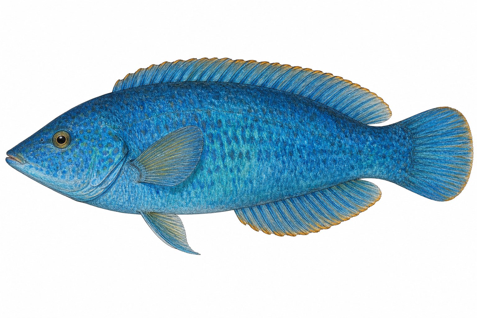 Pencil and light-watercolour study of a single Blue rockfish (Azores endemic wrasse) (Symphodus caeruleus) on a white background