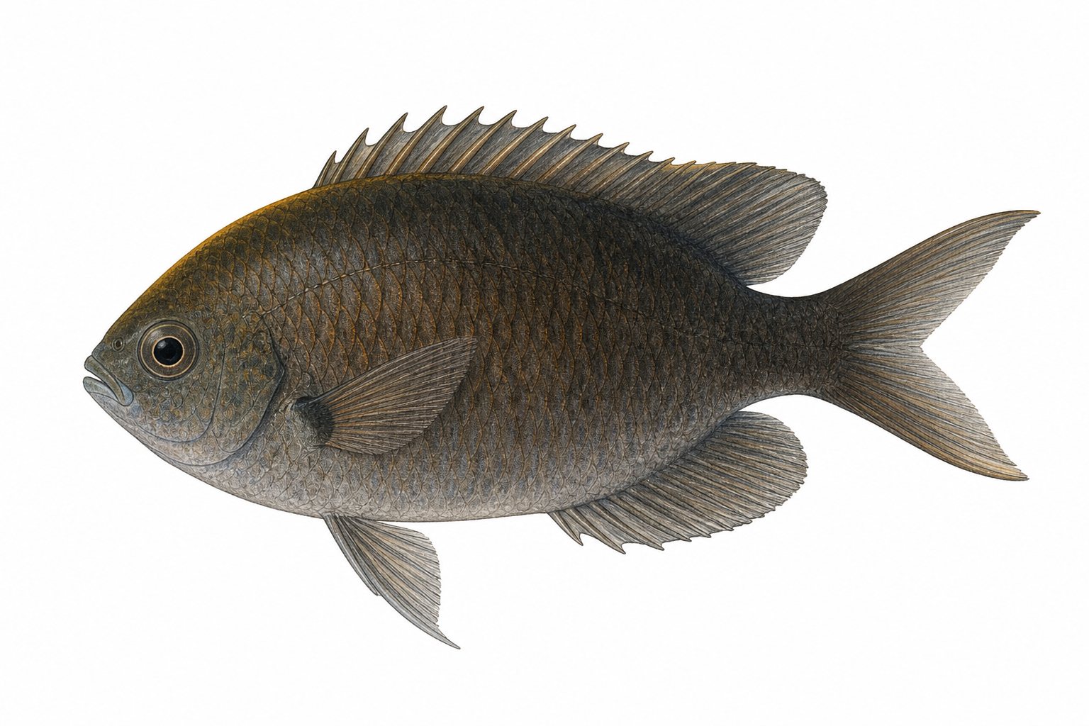 Pencil and light-watercolour study of a single Azores chromis (Chromis limbata) on a white background