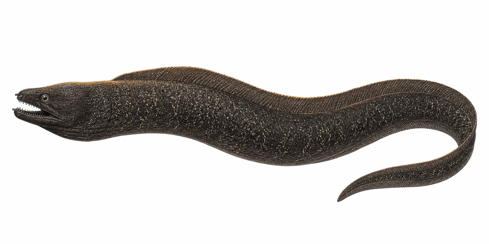 Pencil and light-watercolour study of a single Black moray (Muraena augusti) on a white background