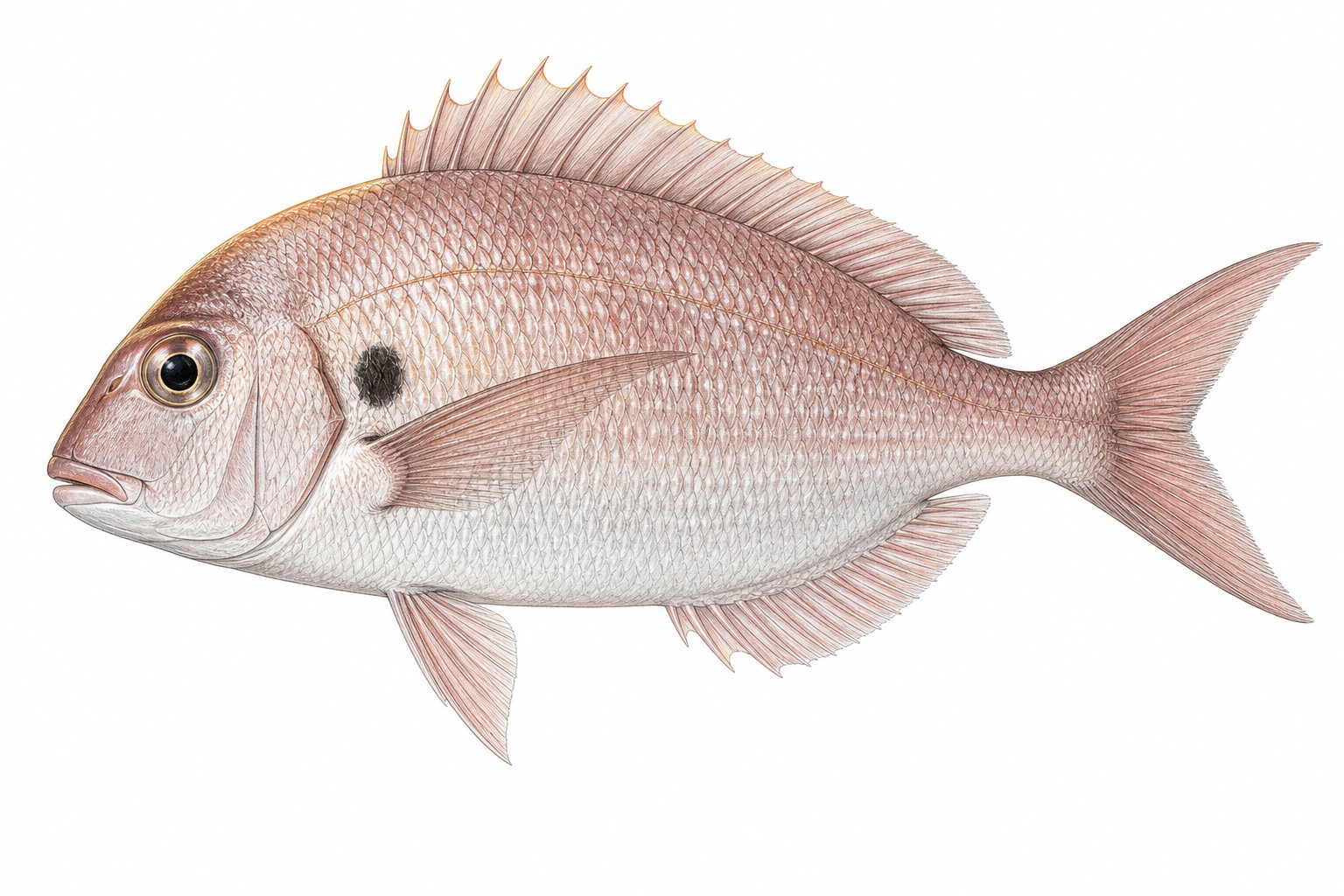 Pencil and light-watercolour study of a single Blackspot seabream (Pagellus bogaraveo) on a white background