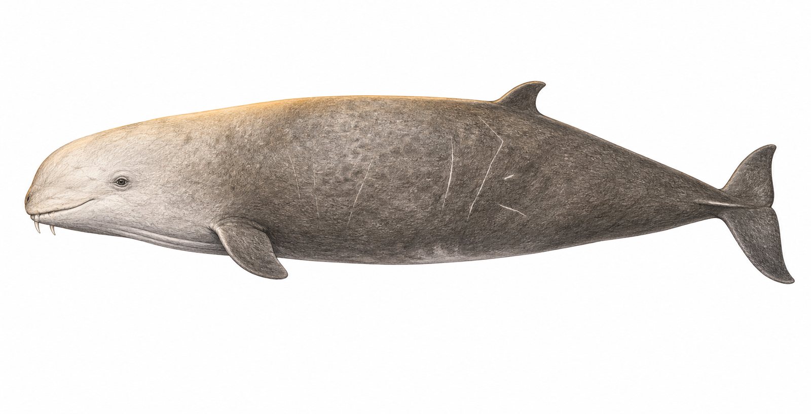Pencil and light-watercolour study of a single Cuvier's beaked whale (Ziphius cavirostris) on a white background