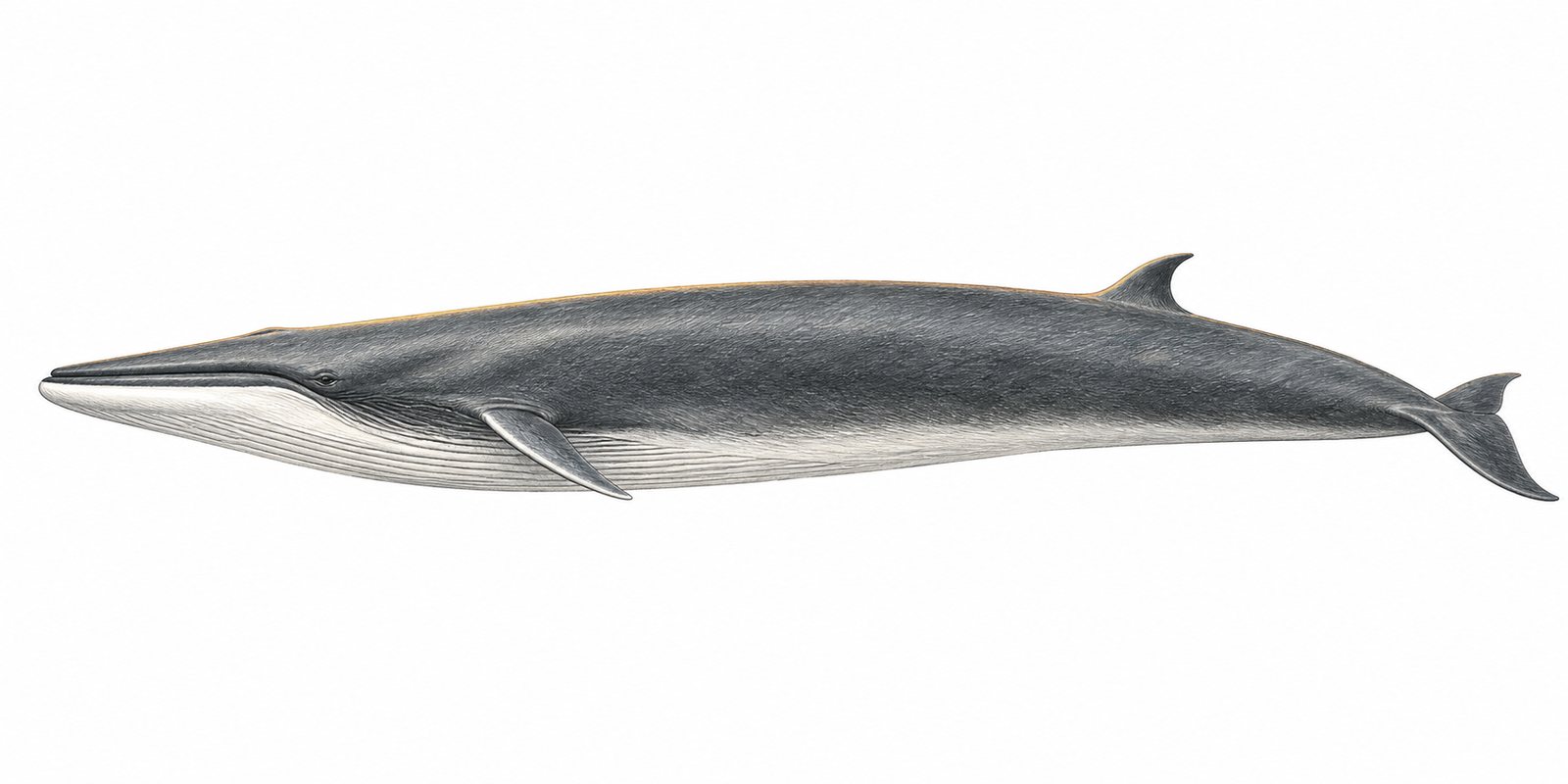 Pencil and light-watercolour study of a single Fin whale (Balaenoptera physalus) on a white background