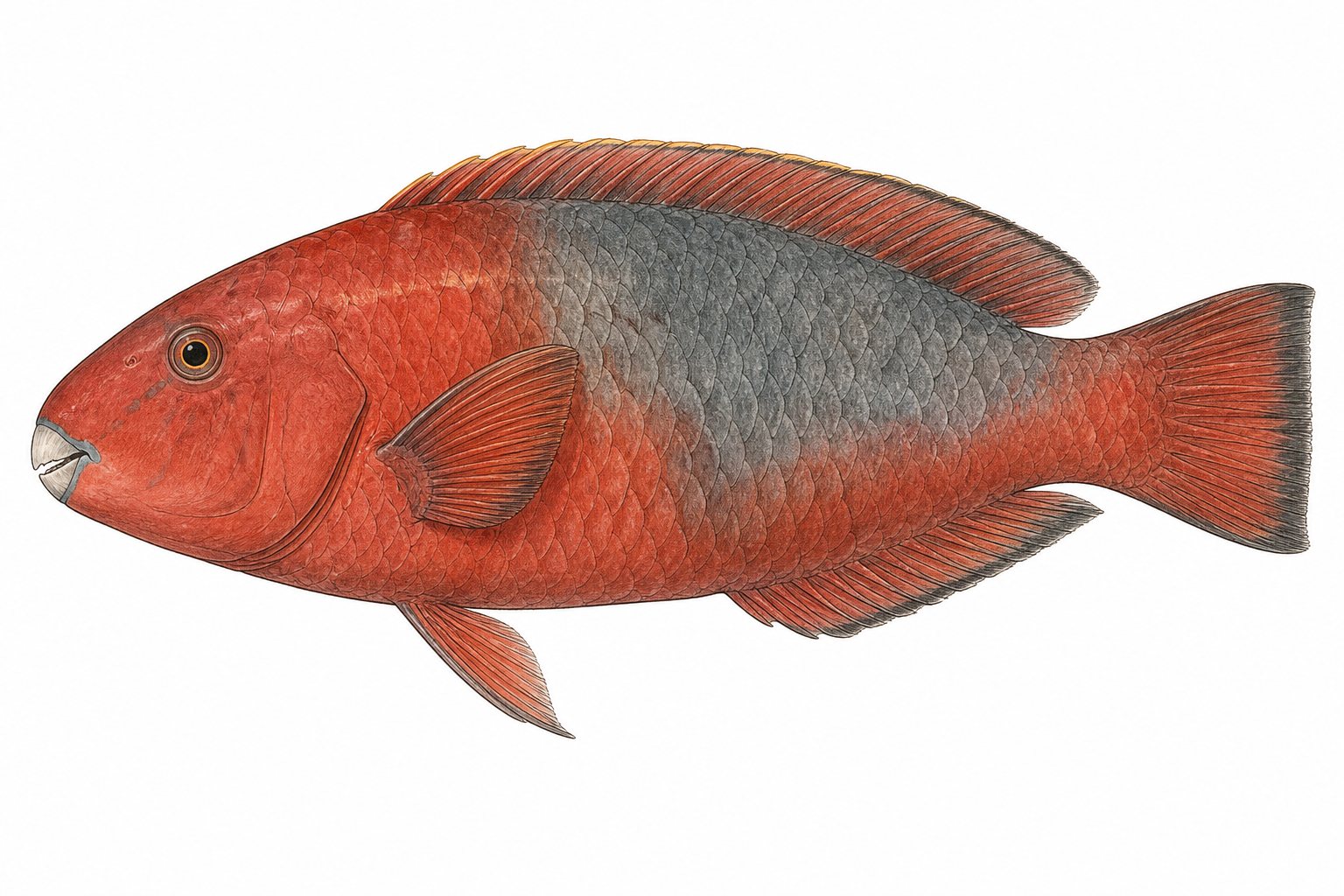 Pencil and light-watercolour study of a single Mediterranean parrotfish (Sparisoma cretense) on a white background