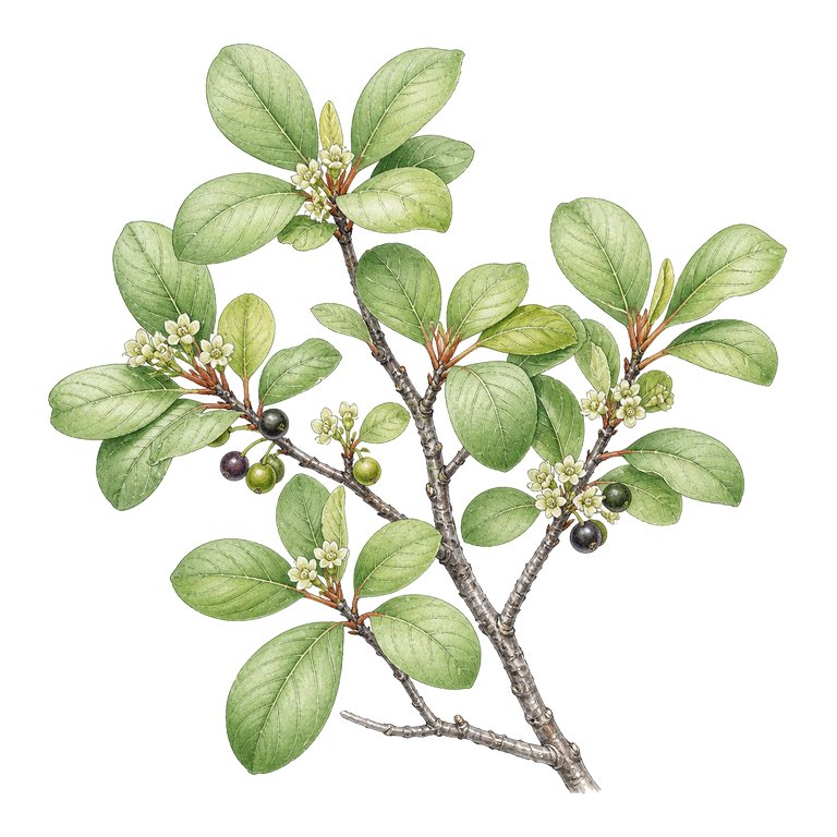 Illustration of a single Azorean buckthorn (Frangula azorica) for the Azores species directory