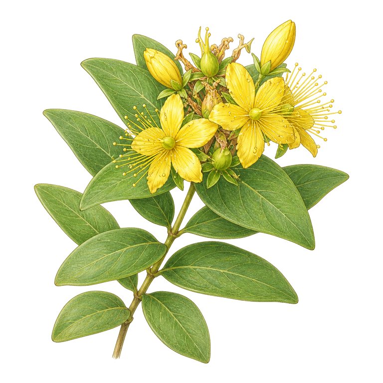 Illustration of a single Azorean St John's-wort (Hypericum foliosum) for the Azores species directory