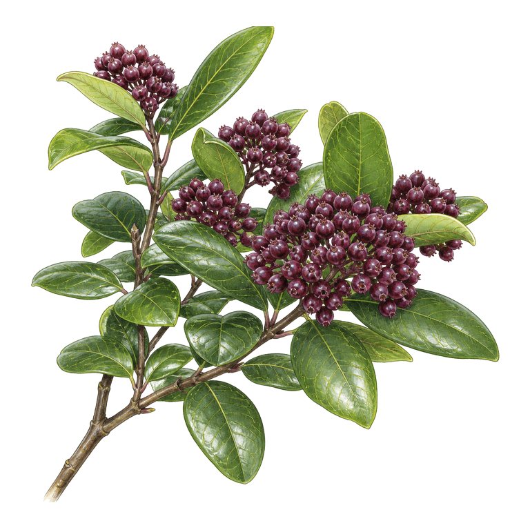 Illustration of a single Azorean viburnum (Viburnum treleasei) for the Azores species directory