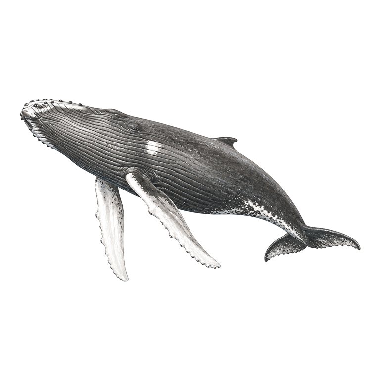 Illustratie van één Humpback whale (Megaptera novaeangliae) voor de soortengids van de Azoren