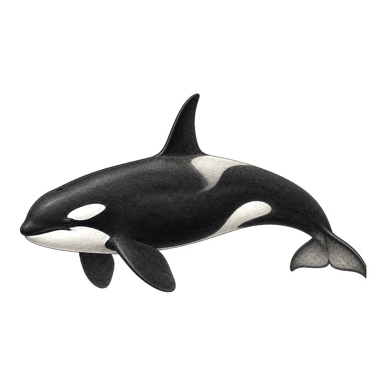 Illustratie van één Killer whale (orca) (Orcinus orca) voor de soortengids van de Azoren
