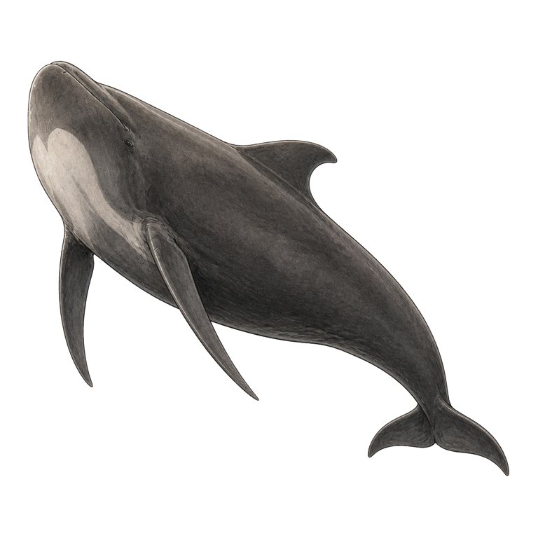 Illustratie van één Long-finned pilot whale (Globicephala melas) voor de soortengids van de Azoren