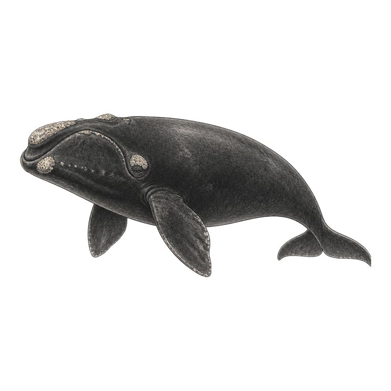 Illustratie van één North Atlantic right whale (Eubalaena glacialis) voor de soortengids van de Azoren