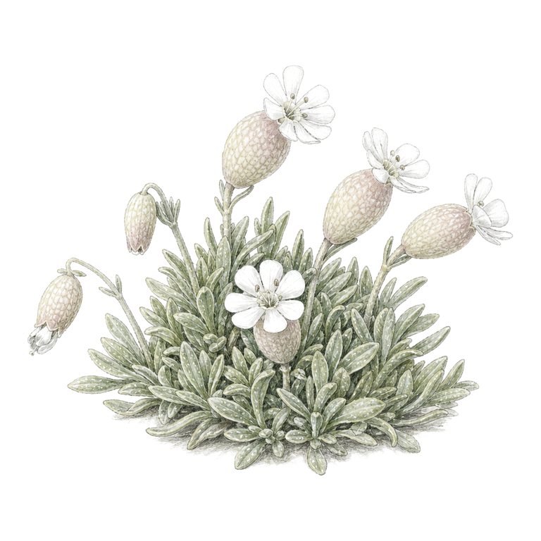 Illustration of a single Pico Mountain sea campion (Silene uniflora subsp. cratericola) for the Azores species directory