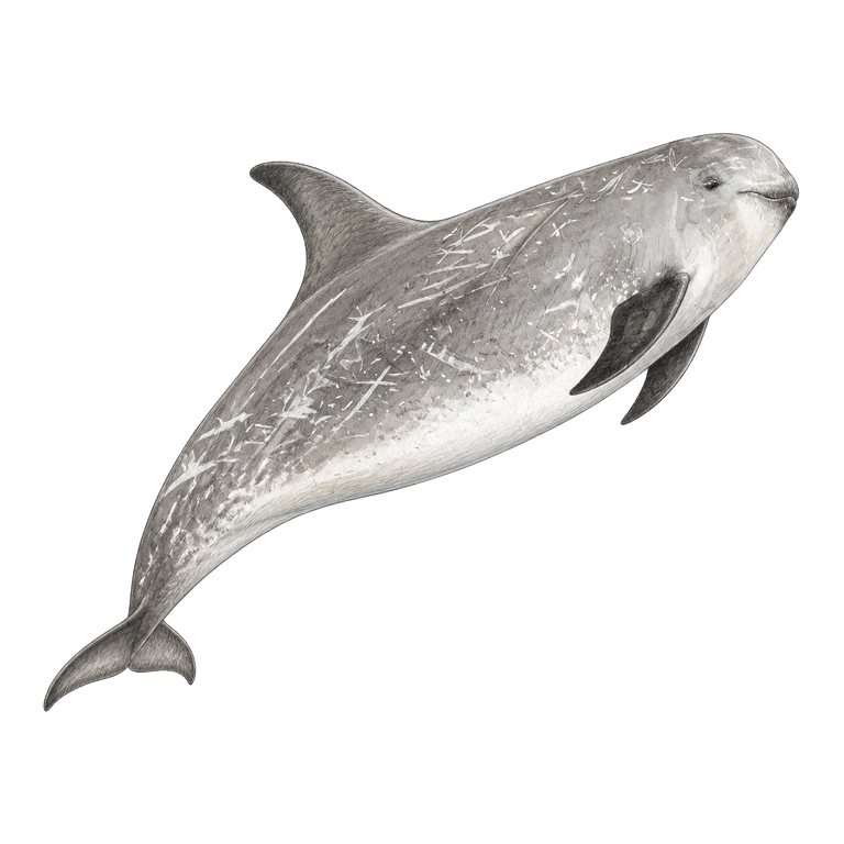 Illustratie van één Risso's dolphin (Grampus griseus) voor de soortengids van de Azoren