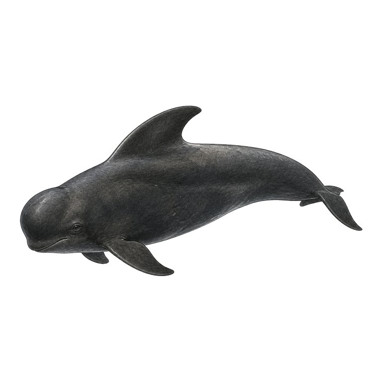 Illustratie van één Short-finned pilot whale (Globicephala macrorhynchus) voor de soortengids van de Azoren