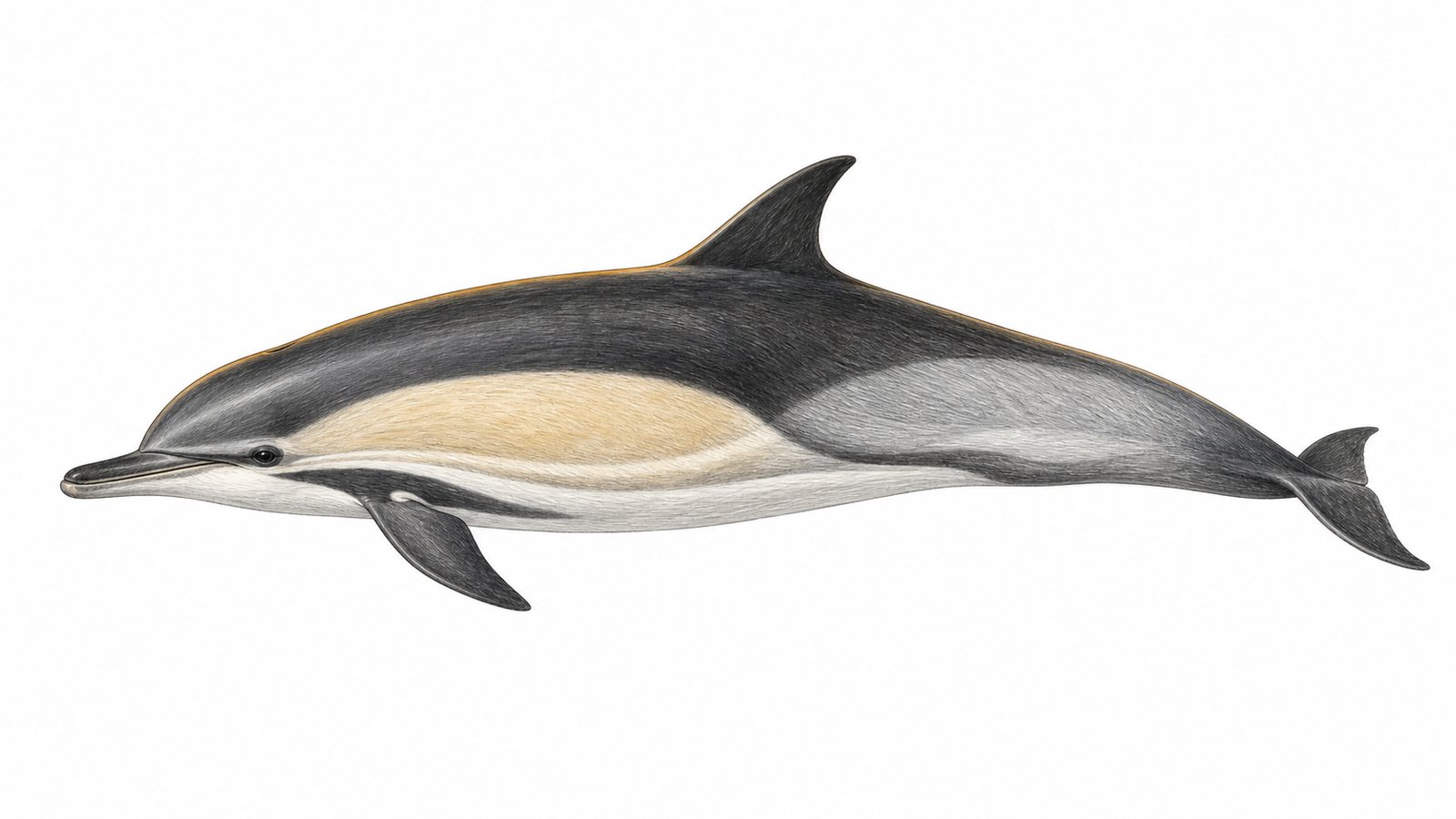 Pencil and light-watercolour study of a single Short-beaked common dolphin (Delphinus delphis) on a white background