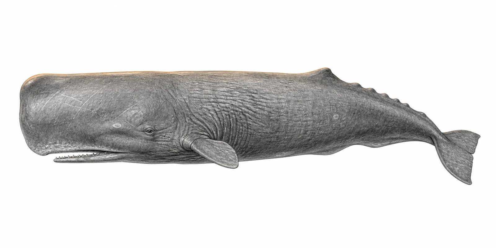 Pencil and light-watercolour study of a single Sperm whale (Physeter macrocephalus) on a white background