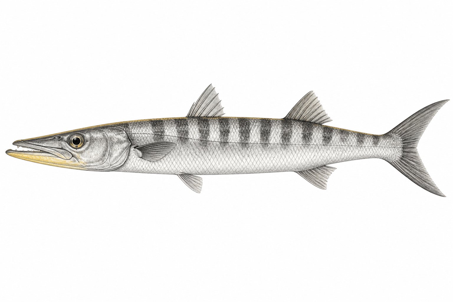 Pencil and light-watercolour study of a single Yellowmouth barracuda (Sphyraena viridensis) on a white background