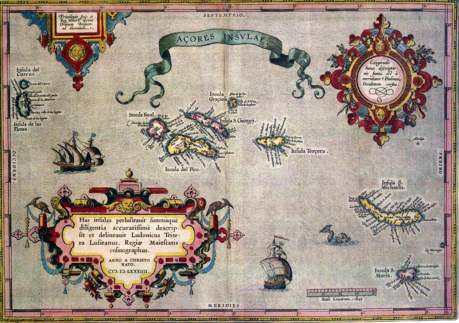 Early chart of the Azores showing Pico and neighbouring islands with period coastlines, lettering and compass ornament — 1584 · Açores Insulae