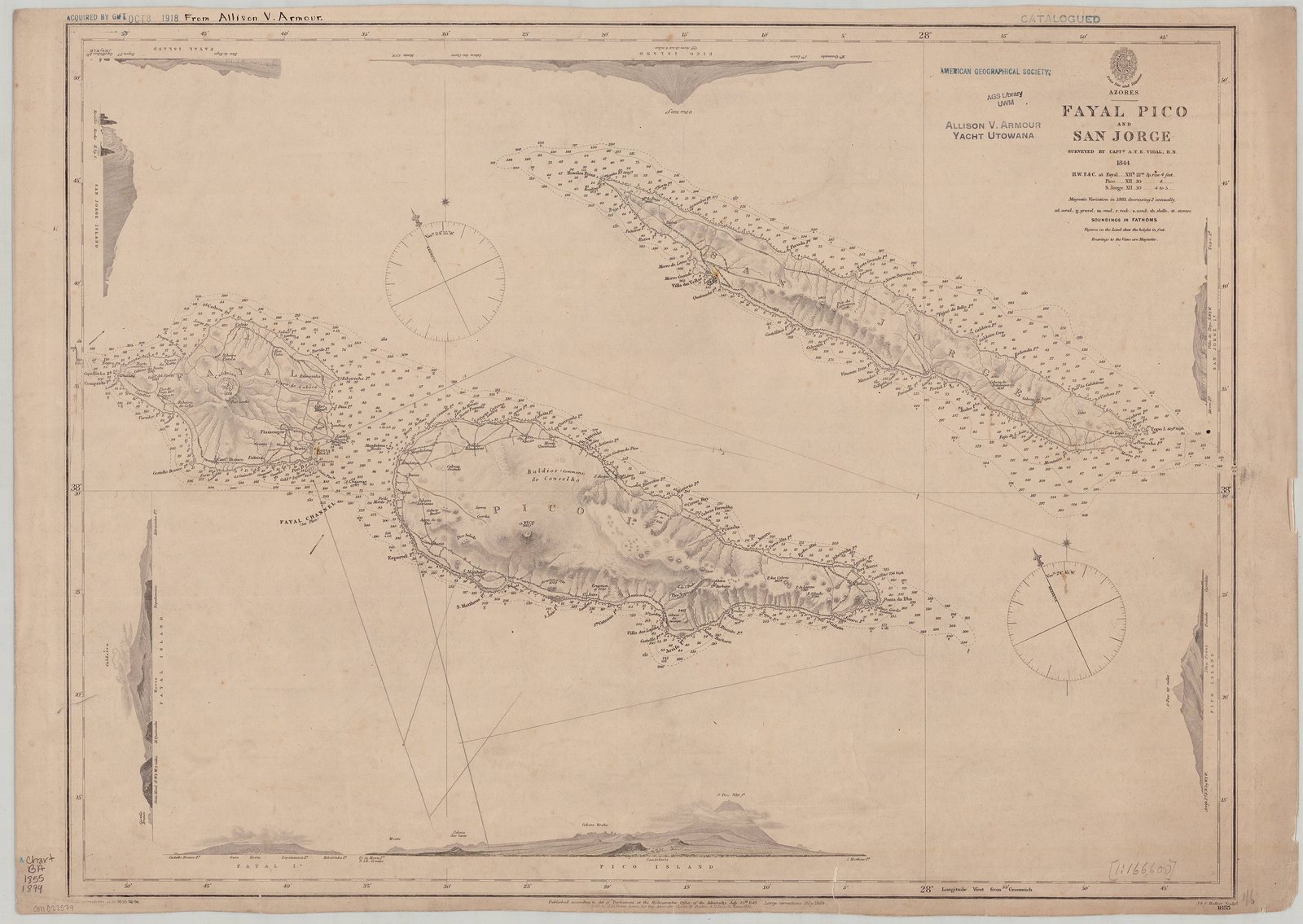 Early chart of the Azores showing Pico and neighbouring islands with period coastlines, lettering and compass ornament — 1849 · Fayal, Pico and San Jorge — Admiralty Chart No. 1855