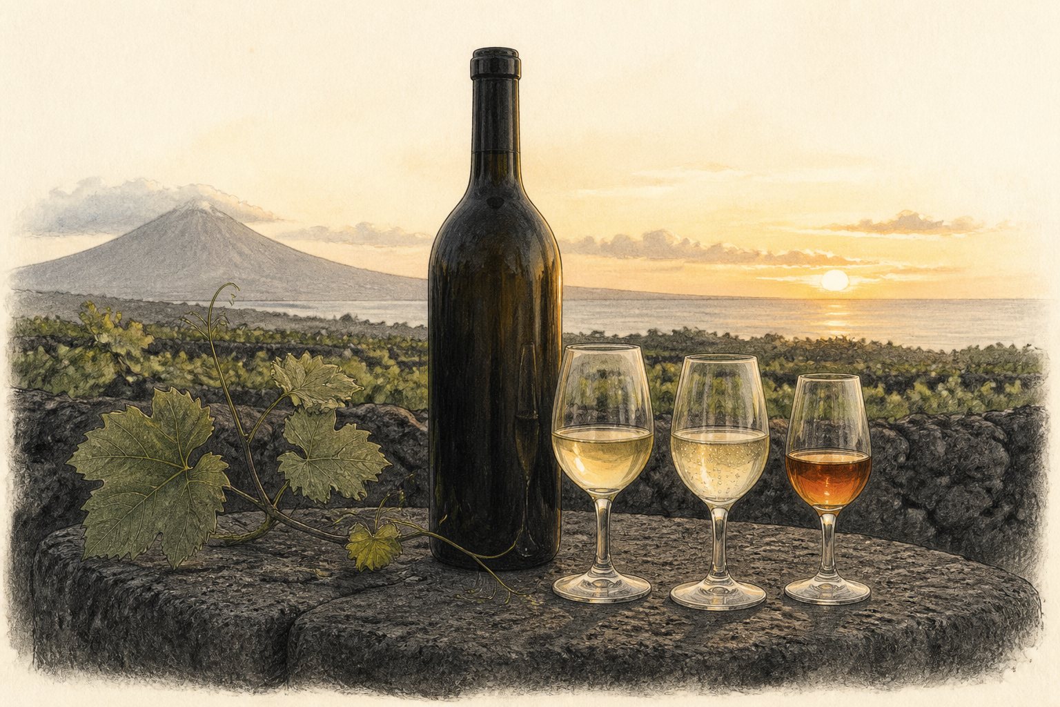 One finished Pico wine bottle beside a cellar vessel, with warm reflected light