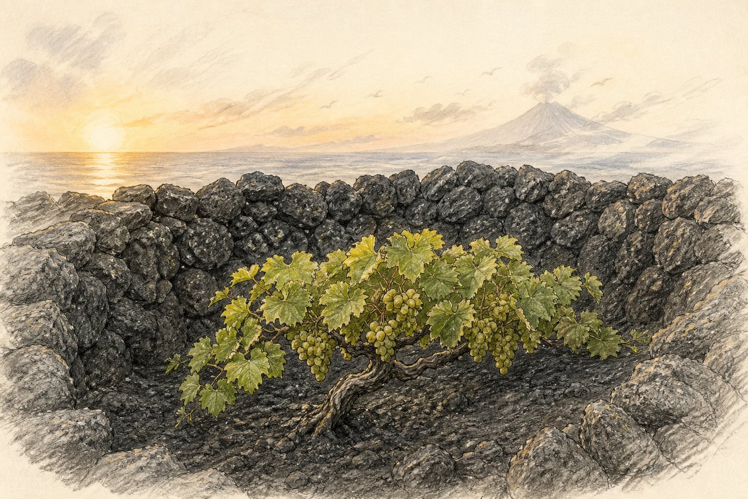 Single Pico grapevine growing low inside a dry-stone basalt curral in warm sunlight
