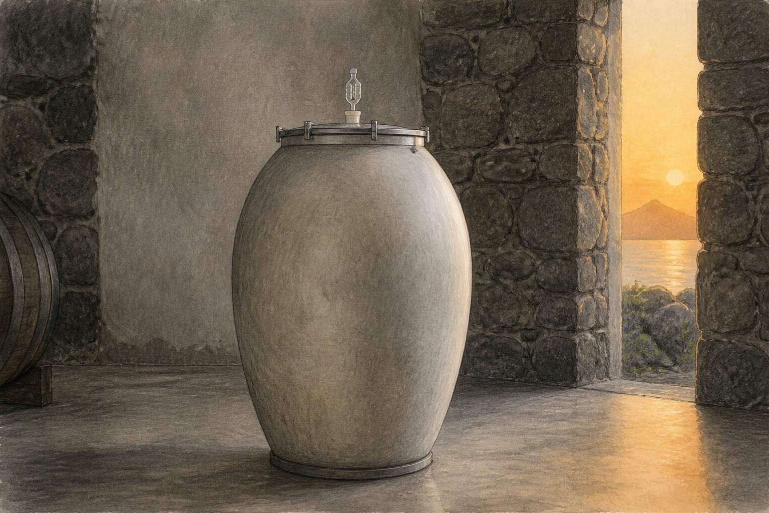 Single fermentation vessel in a Pico wine cellar, drawn in graphite with a restrained golden wash