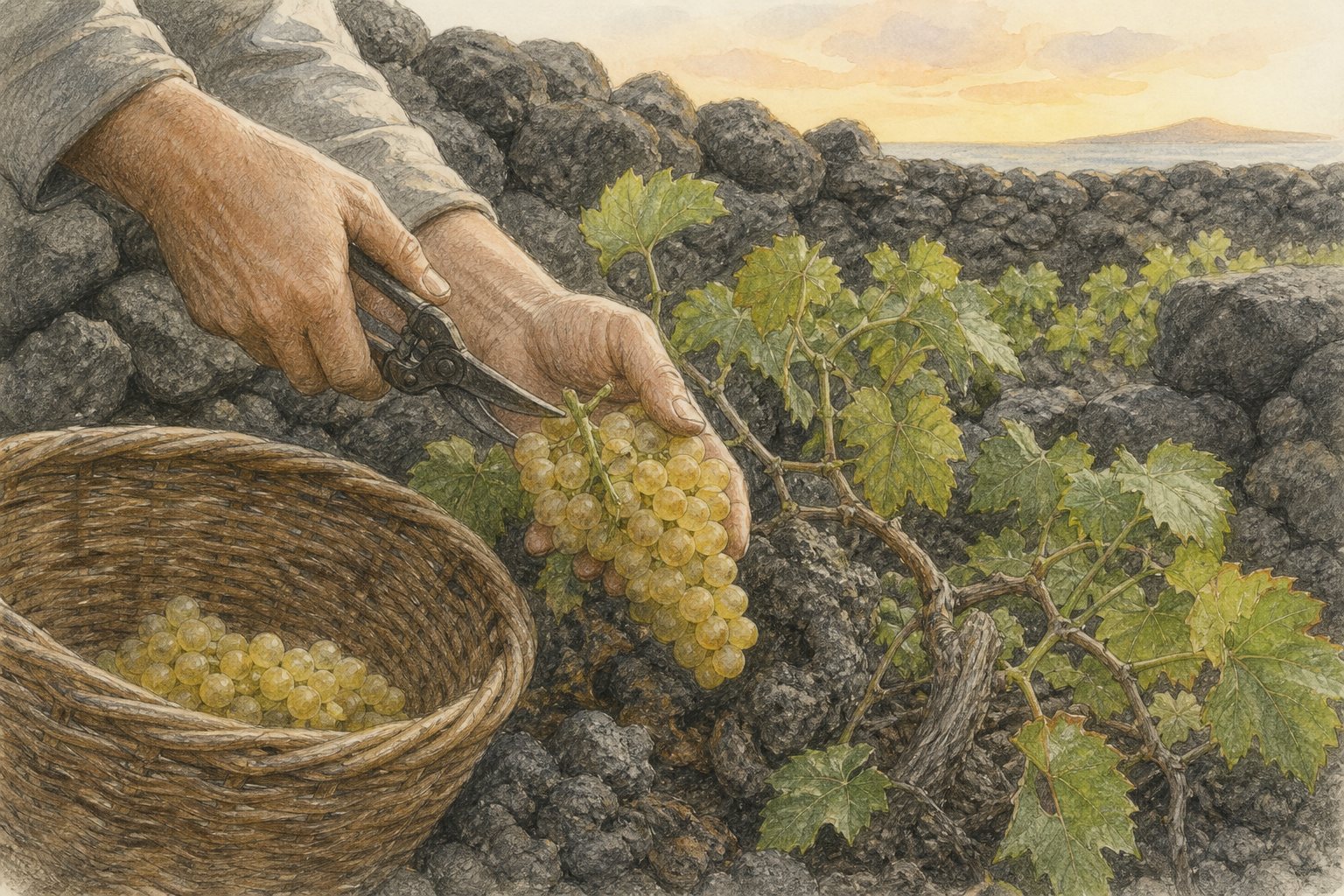Hands cutting one ripe bunch of Pico grapes from a low vine beside a basalt wall