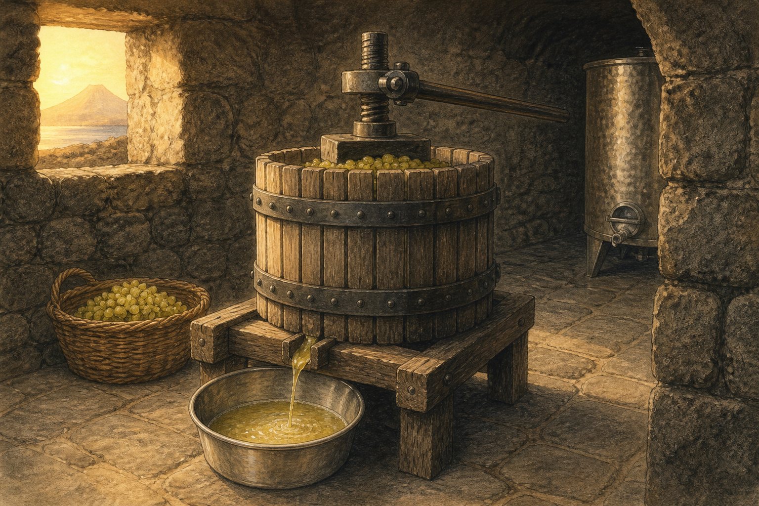 A small wine press receiving freshly harvested Pico grapes in a clean cellar